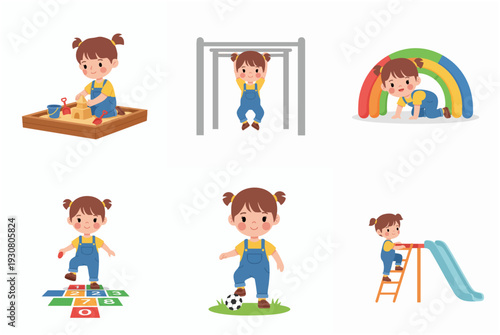 Flat Style Happy Little Girl Playing Various Games in Playground Illustration