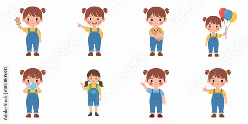 Cute Cartoon Little Girl in Different Poses Character Set Illustration