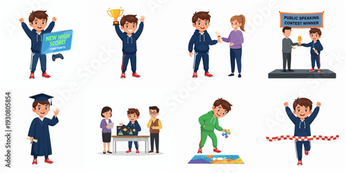 Cartoon Cheerful Boy Achieving Success in Various Activities Illustration