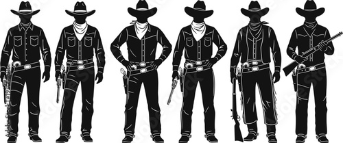 Wild west cowboy silhouettes set, sheriff and outlaw gunfighters with revolvers and rifles, cad drawing flat vector illustration, isolated on white background.