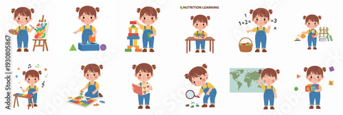 Cartoon Style Little Girl Learning and Playing Various Activities Illustration Set