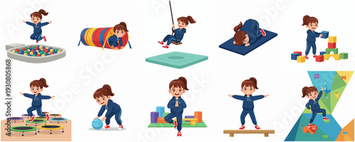 Flat Cartoon Girl Playing at Different Activity Station in Playground Illustration