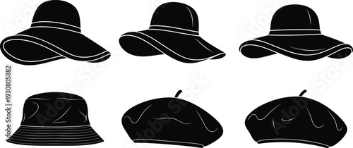 WebWomen's fashion hats collection silhouette set, elegant sun hats, casual bucket hat, and classic french berets, cad drawing flat vector illustration, isolated.