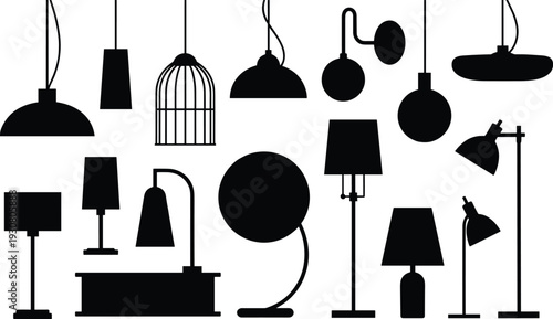 Collection of modern lamp silhouettes, various interior lighting fixtures set, pendant lights, floor lamps, and desk light icons, black vector illustrations for home decor