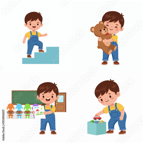 Cartoon Playful Kid Activities Illustration Set in Different Poses and Scenes