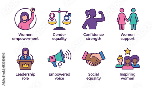 Vibrant icons representing women's empowerment and gender equality concepts
