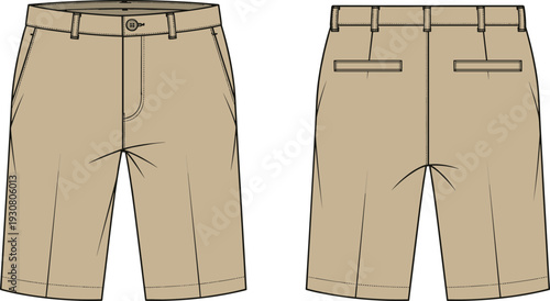 Men's chino walk shorts technical fashion flat sketch, front and back views, khaki cotton bermuda shorts, cad drawing flat vector illustration, isolated on white background.