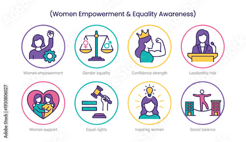 Vibrant icons representing women empowerment and equality awareness