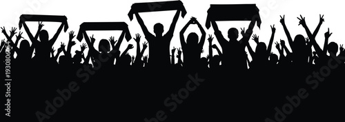 Large cheering crowd silhouette set, sports fans holding banners and raising hands, concert audience celebration, stadium event atmosphere, isolated on white background.