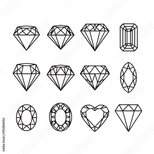 Collection of Diamond Cut Icons and Shapes on White Background Gemstone Facets