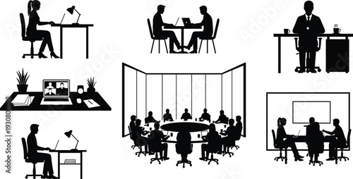 Collection of business meeting and office workspace silhouettes featuring professionals collaborating, brainstorming, video conferencing, remote work, corporate teamwork, and modern workplace