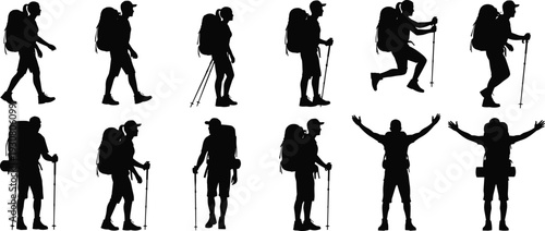Collection of hiking and trekking silhouettes featuring backpackers with walking sticks, mountain climbers, outdoor adventure explorers, isolated black icons on white background.