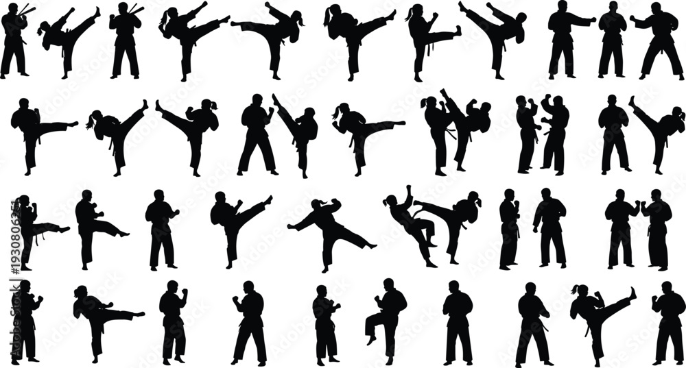 Fototapeta premium Martial arts silhouettes collection isolated on white background, karate and taekwondo fighters performing kicks and combat poses, self defense sport illustration set