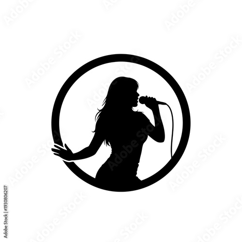 Silhouette of a Female Singer Performing with a Microphone Inside a Circular Emblem.