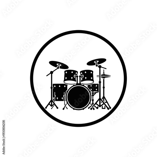 Black drum kit silhouette icon inside circular badge for music.