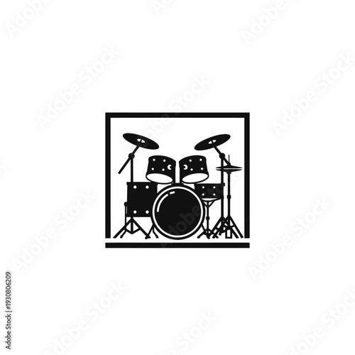 Black drum kit icon inside a square frame graphic illustration.
