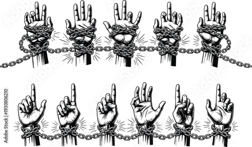 Human hands bound by metal chains, conceptual illustration of slavery, imprisonment, and freedom struggle, black and white vector graphic design, isolated on white background.