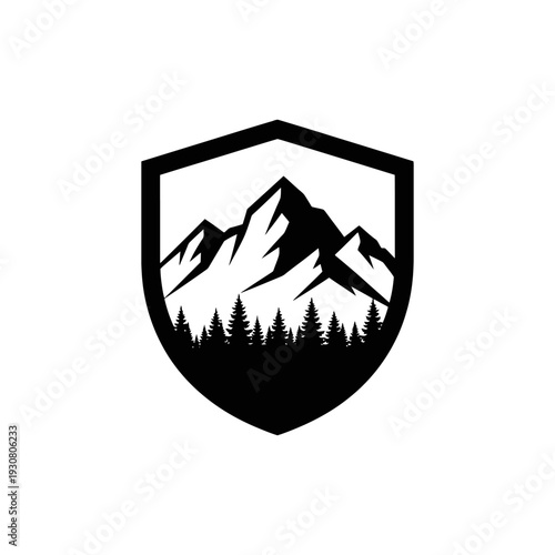 Monochrome mountain shield emblem with pine forest silhouette.