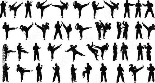 Martial arts silhouettes collection isolated on white background, karate and taekwondo fighters performing kicks and combat poses, self defense sport illustration set