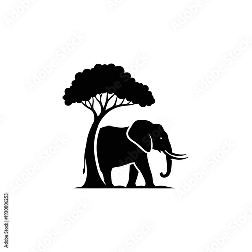 Silhouette of an elephant standing beside a tree against a white background.