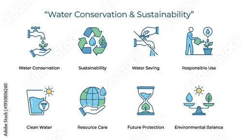 Water conservation and sustainability icons for eco friendly practices