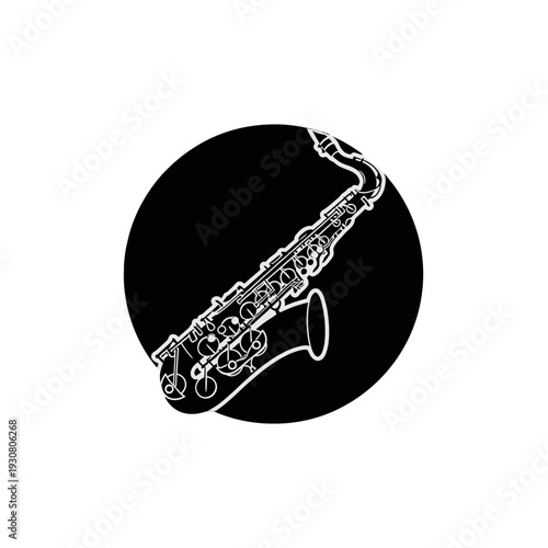 White Line Art Saxophone Silhouette Inside Black Circular Icon for Music and Jazz.