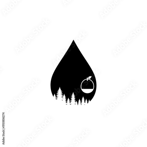 Black water droplet silhouette containing forest and apple icon.