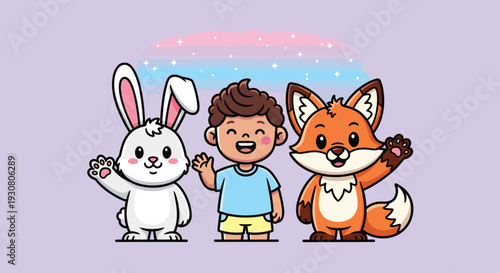 Cartoon boy with rabbit and fox friends.