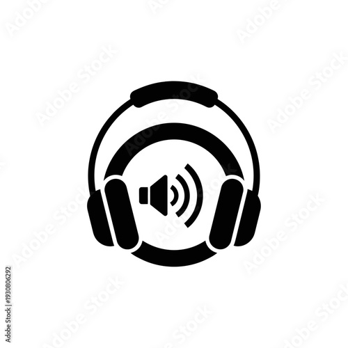 Black headphone icon with audio sound symbol.