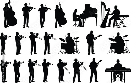 Silhouettes of diverse musicians playing instruments in orchestra band ensemble isolated on white background, including piano, violin, drums, trumpet, trombone and harp