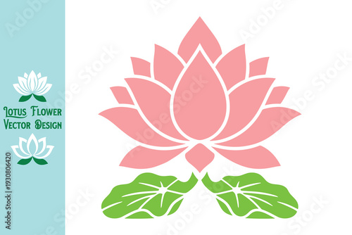 Pink lotus flower. Pink lotus flower silhouette with green leaves base. Natural floral symbol for spa, organic beauty, and wellness centers. Clean minimalist botanical icon. Vector illustration