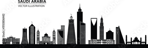 Black and white of Saudi Arabia skyline with iconic buildings and minarets