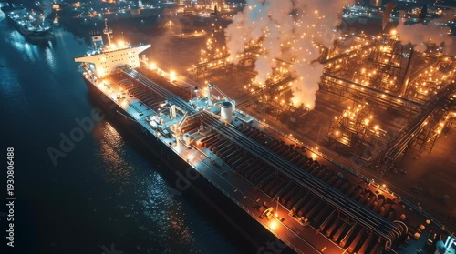 massive fuel tanker ship docked industrial terminal, wide-angle aerial pan, glowing fuel pipelines, steam rising, reflective water surface, high-detail industrial machinery, cinematic HDR lighting