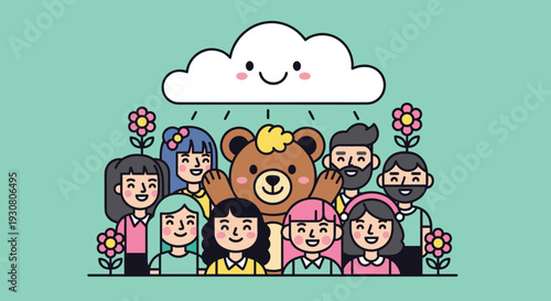 Cartoon Children and Teddy Bear Smiling Together.