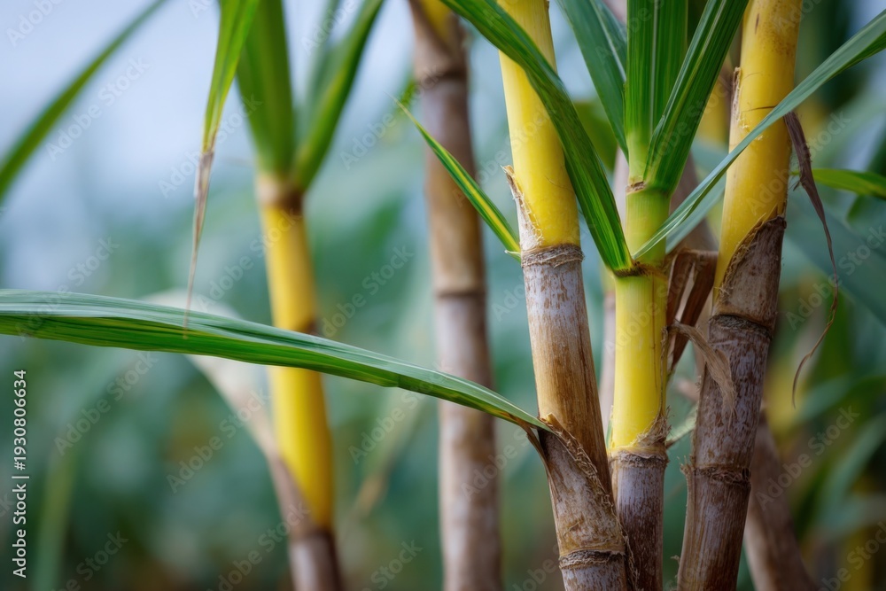 Obraz premium Vibrant green and yellow sugarcane stalks in plantation