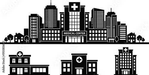 Hospital and medical center building silhouettes set, city skyline healthcare vector illustration isolated on white background