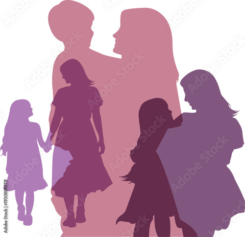 Mother and Children Silhouettes Isolated on White Background, Motherhood Concept