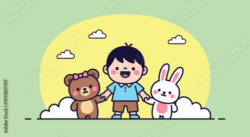 Cartoon Boy with Teddy Bear and Rabbit.