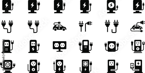 Electric charging station icon set, power plug, socket, EV charger and energy outlet vector illustration collection