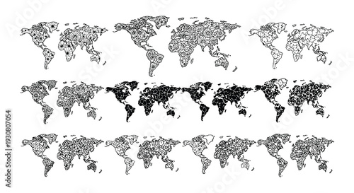 Multiple black and white outlines of the world s continents arranged in a grid