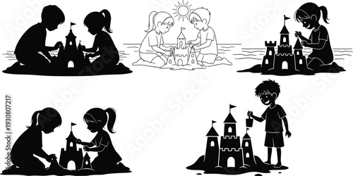 Silhouette children building sandcastle on beach at sunset, playful kids summer vacation family bonding seaside vector illustration isolated on white background creative childhood activity
