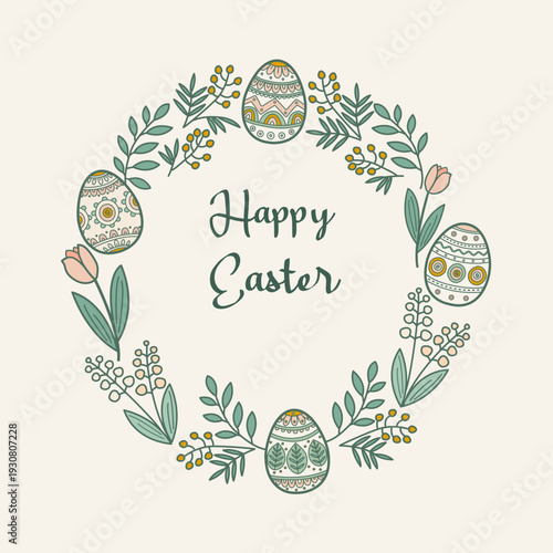 Easter round wreath frame with decorated eggs, flowers, leaves, Happy Easter text in doodle folk style . Vector illustration. For greeting cards, social media ,printing, packaging, web templates.
