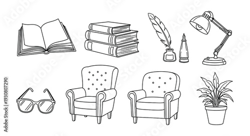 Collection of linear black and white home office and library setups