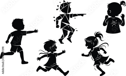 Black silhouette collection of happy children playing and running, kids activity vector illustration isolated on white background, playful childhood concept graphic for design and print