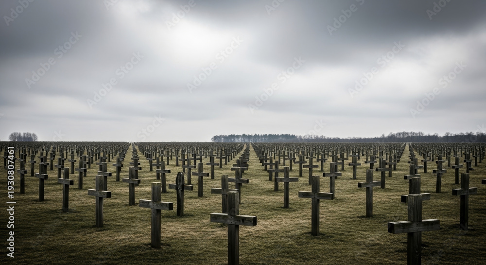 Obraz premium Rows of Wooden Crosses in a War Memorial Cemetery