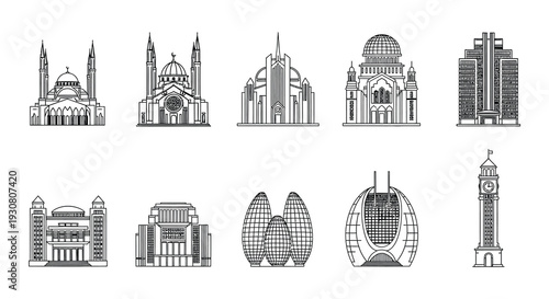 Collection of famous architectural landmarks depicted in linear style