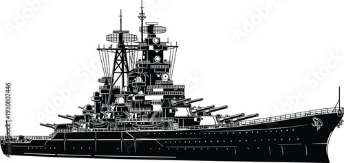 Battleship warship silhouette vector illustration, detailed military naval vessel with cannons and radar systems, black and white maritime defense artwork