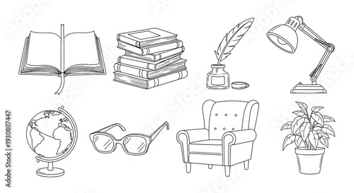 Collection of linear black and white home office and library setups