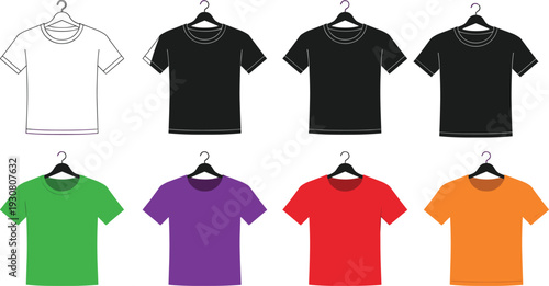 Blank t shirt mockup vector illustration set, colorful and black white short sleeve tee templates hanging on hangers isolated on white background