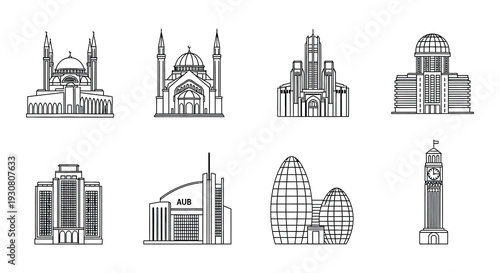 Collection of famous architectural landmarks depicted in linear style